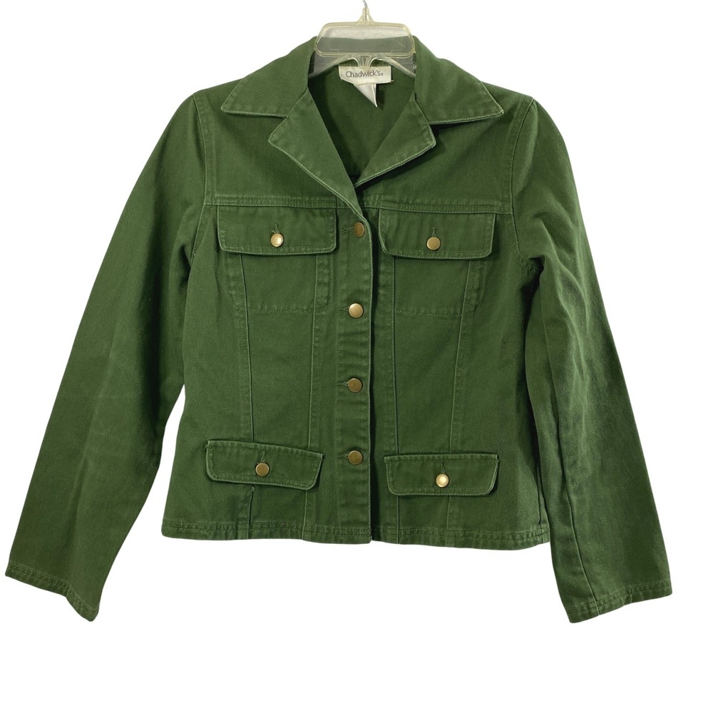 Chadwick's Jacket Women Sz 6 Green Denim Field Utility Military Button Up Layer